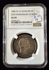 1888 HC CS Denmark 2 Kroner 25TH ANNIVERSARY OF REIGN NGC AU58 - Picture 1 of 2