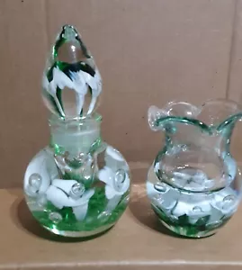 St Clair Green Floral Perfume Bottle Glass Paperweight with matching Vase -Mint - Picture 1 of 5