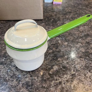 Vintage Antique Cream and Green Enamelware double boiler top pot VG - Picture 1 of 9