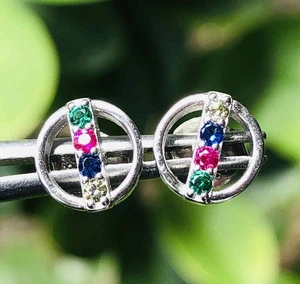 .925 Sterling Silver Emerald,Sapphire & Ruby 1 Grams Ear Studs/Earrings 145 Z493 - Picture 1 of 2