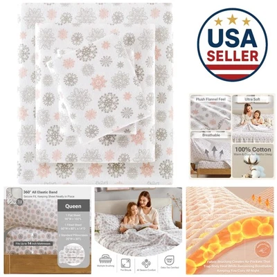 Lujoso Juego de Sábanas de Franela Estampadas de Algodón Orgánico - Queen - Diseño de Copo de Nieve Foto 1 de 4