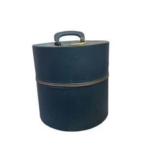 Vintage Hat Travel Suitcase 1930s Blue Leather Wig Round Top Handle Retro Bag - Picture 1 of 12