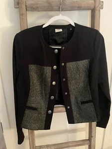 CAbi Media Blazer Jacket Womens Black Green Cropped Woven Sheen Stretch #3036 Sm - Picture 1 of 6