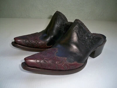 Hermosas Botas Mules Tres Outlaws de Cuero Negro/Marrón Tooled a Mano Talla 7.5 C BONITAS Foto 1 de 4