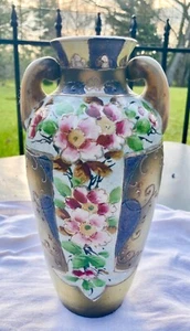 "Antiguo jarrón japonés pintado Moriage con asas antiguo agrietado con marca de Japón 10""" - Imagen 1 de 12