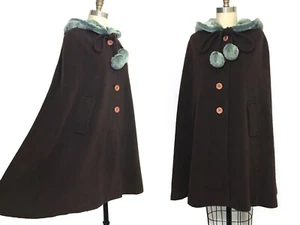 BROWN Wool Hooded Cape Coat w Faux Chinchilla Fur Trim By Eunkyung Park - Picture 1 of 12
