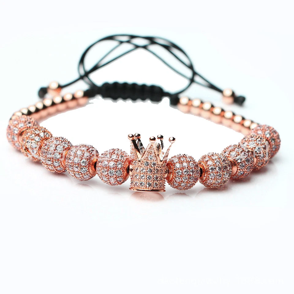 Pulseras de macramé trenzadas cuentas de cobre corona micro pavé circonita cúbica de lujo para hombres y mujeres regalos Foto 1 de 4