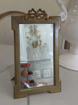 ANTIQUE BRONZE? Metal TABLE TOP MIRROR FRAME BRASS? Ribbon Bow Heavy Vtg  - Image 1 of 4