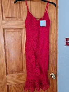 Missguided Red Scrappy Lace Frill Wrap Detail Midi Dress UK8 EU 36 BNWT - Picture 1 of 8