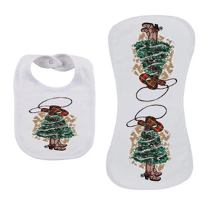 Cowboy Christmas Tree Hat Spurs Lasso Infant Bib & Peanut Shaped Burper Set Gift - Picture 1 of 1