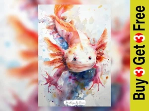 Vibrant Watercolor Axolotl Art Print 5"x7" on Matte Paper - Picture 1 of 6