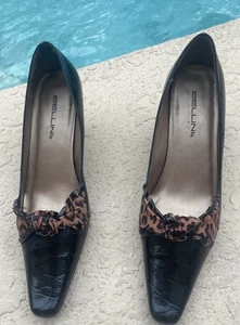 Vintage 80’s Bellini Black Patent Leather Pumps Size 10 Leopard Accent - Picture 1 of 8