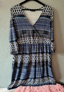 Gina Benotti Kleid 44/46 blau/weiß/beige gemustert 3/4 Arm - Bild 1 von 5