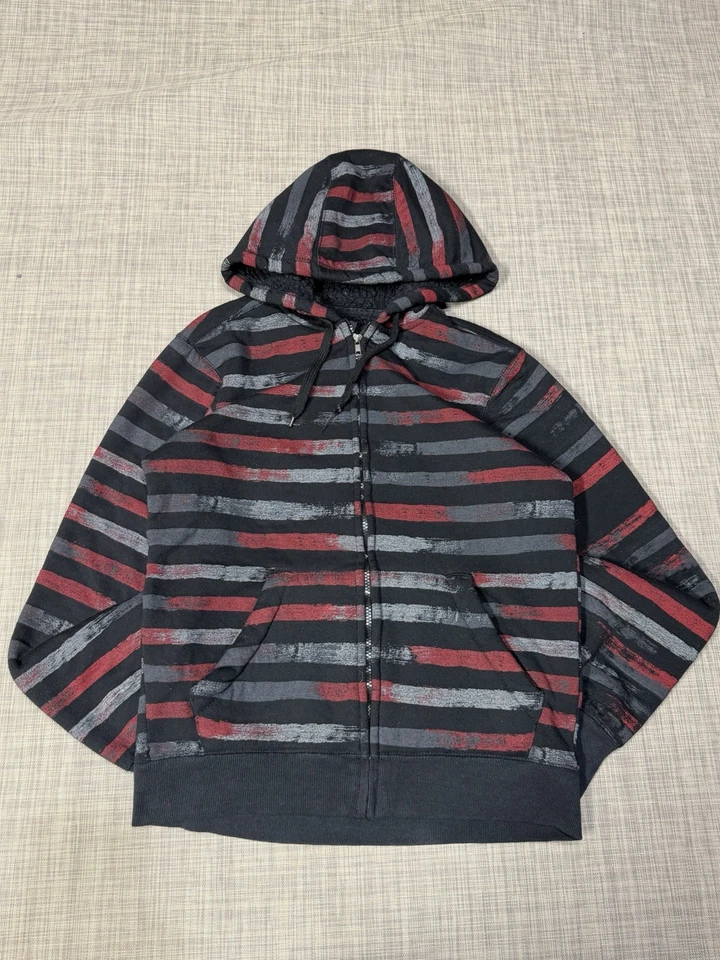 复古 Y2K 男式碳条纹拉链连帽衫运动衫 S 码 Emo Grunge — 第 1/4 张图片