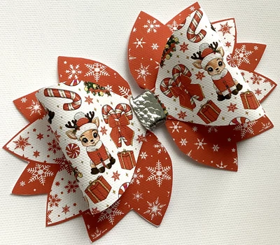 REINDEER CANDY 5" STATEMENT PRINTED CANVAS FABRIC BOW TEMP TO MAKE OWN HAIR BOWS - Image 1 of 3