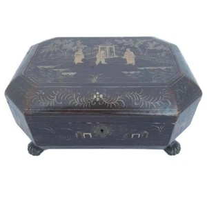 Antigua caja de coser china del siglo XIX dorada y marrón laca bandeja y herramientas ajustadas - Imagen 1 de 18