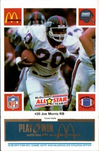 McDonald's Play & Win NFL All Star 1986 pestaña azul sin rayar Joe Morris Giants - Imagen 1 de 2