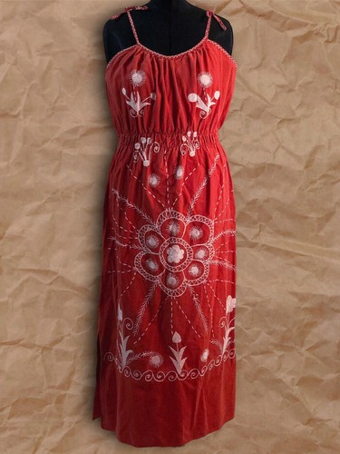 PALM ANGELS Maxi abito donna vintage fatto a mano rosso bianco tessuto lino ricamato senza maniche