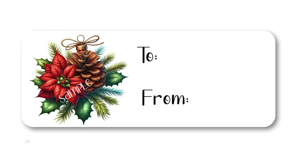 Poinsettia Pinecone Gift Tags Self Stick Labels Christmas TO/FROM Stickers - Image 1 of 1