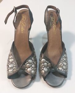 Ted Baker London Gray Leather Peep Toe Silver Accents and Wooden Heel.  Size 9