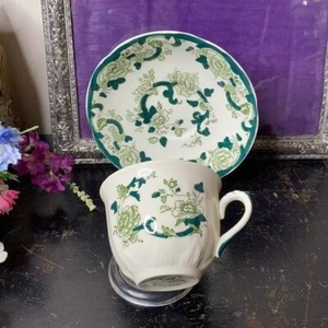 Vintage Freimaurer "Chartreuse" Eisenstein Porzellan Teetasse & Untertasse grün weiß Blumen - Bild 1 von 7