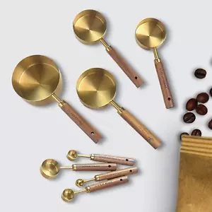 8 Pieces Measuring Cups and Spoons Set Wooden Handle Stainless Steel Measuring - Picture 1 of 7