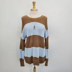 Old Navy Womens Striped Tunic Length Sweater Size L Baby Blue Camel Chunky Knit - Picture 1 of 13