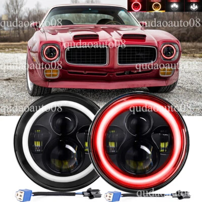 Pair 7" LED Headlights Hi/Lo Red DRL Angel Eyes fit Pontiac Firebird 1970-1976 - Image 1 of 4