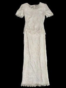 Vintage Scala White/Ivory Beaded Silk Formal Wedding Dress Small Long Sheath - Picture 1 of 13