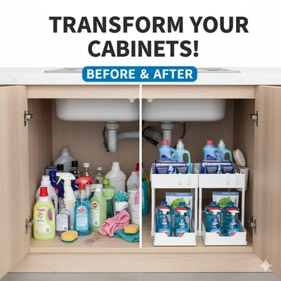 Organizadores de pia de 2 camadas armazenamento deslizante armário de cozinha banheiro armazenamento - Imagem 1 de 4