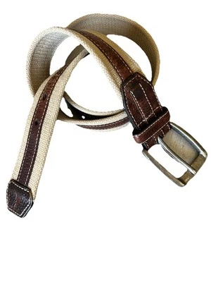 Cinto masculino Tommy Bahama tamanho 36 tecido bronzeado lona algodão acabamento couro fivela níquel - Imagem 1 de 4