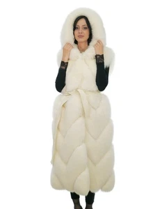 Optical white fox hood 44 vest with leather outer belt and fox leather lined hoo - Picture 1 of 6