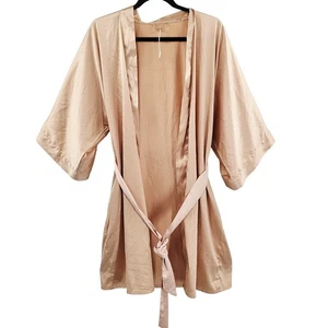 SIORO Beige Kimono Ärmel Morgenmantel Bindeband Taillentaschen kurze Länge Damen Größe L - Bild 1 von 6