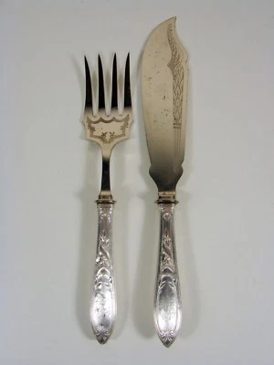 Antiguo juego de servir pescado francés de plata de ley, monograma, marcas Foto 1 de 4