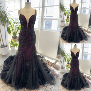 Gothic Mermaid Wedding Dresses Lace Appliques V Neck Sweep Train Bridal Gowns