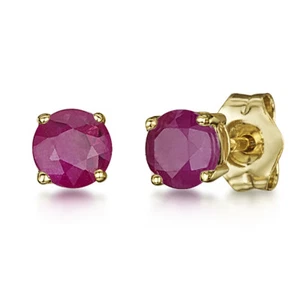 9ct Oro Giallo Orecchini Piedini Set Rotondo Rubino a Lobo 4mm - Foto 1 di 4