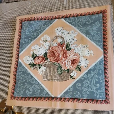 Sewing Fabric 2 Pillow Panels 17.5" Sq Peach & Blue Rose Bouquet Basket Cotton - Image 1 of 4