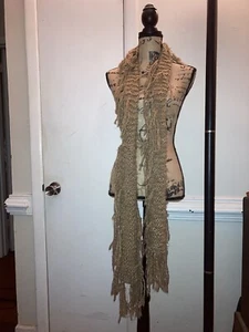 RARE Free People BOHO Fringe Scarf Womens Brown Knit Tan Wool Accessories Warm F - Picture 1 of 20