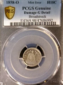 1858o ERROR PCGS G Details BROADSTRUCK OFF CENTER Seated Half Dime RARE Coin NR - Picture 1 of 6