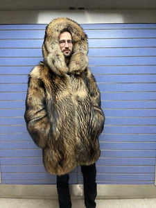 Luxury Full Skin Finn Raccoon Fur Men Coat Real Raccoon Fur Skin To Skin Hood - Picture 1 of 12
