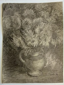 Signed Alfred Prust 1939 Pencil Sketch Original Art Flowers Vase Daisy Floral - Picture 1 of 11