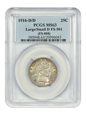 1916-D/D 25C PCGS MS63 (Large/Small D, FS-501) - Barber Quarter - Image 1 of 4