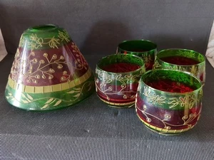 * YANKEE CANDLE * GRÜNER & ROTER GLASKEGELSCHIRM & 4 TEELICHTHALTER - Bild 1 von 7