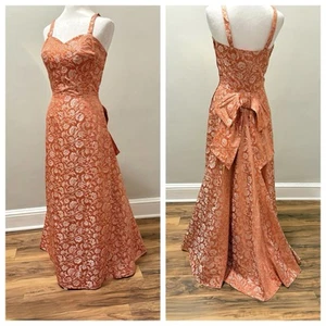 Vintage 50s 60s Formal Dress Floral Jacquard Satin Train Salmon Pink S Handmade* - Picture 1 of 19