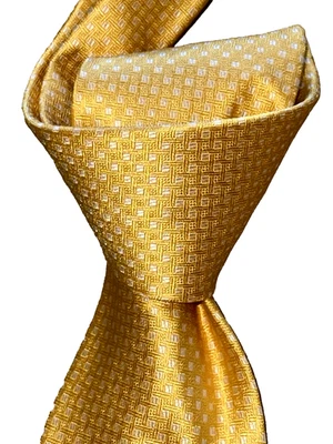 $295 NWT BRIONI Yellow GOLD White basketweave 3.6" woven silk handmade neck tie - Image 1 of 4