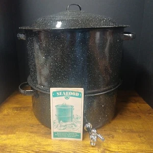 Vintage 3pc Graniteware 15” Lobster Clam Seafood Double Steam Pot w/ Spigot - Picture 1 of 15