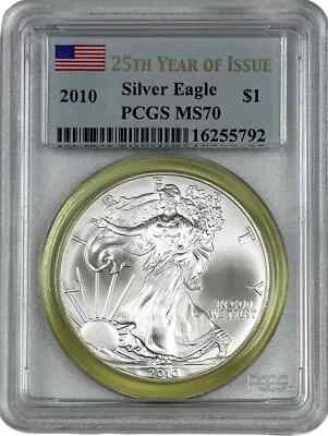 2010 MS-70 SILVER EAGLE 25th YEAR OF ISSUE FLAG LABEL PCGS GRADED BEAUTY - Image 1 of 2
