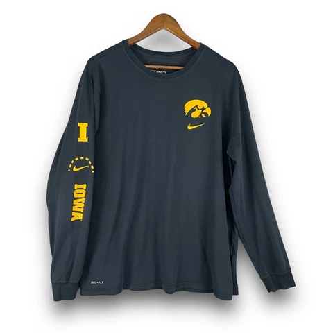 Nike Iowa Hawkeyes Mens 2XL XXL Black Long Sleeve T-Shirt Dri-Fit Crew Neck Cover