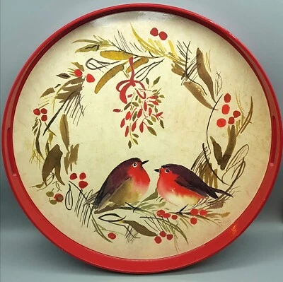 18" Tray by RockFlowerPaper Retired Pattern 2 Birds, Red Rim, Hidden Handles - Image 1 of 4