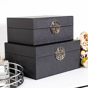 Set of 2 Black Storage Boxes Faux Leather Jewellery Trinket Metal Decorative 